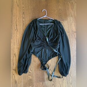 PrettyLittleThing Black Mesh Rushed Waistband Bodysuit (NWT)